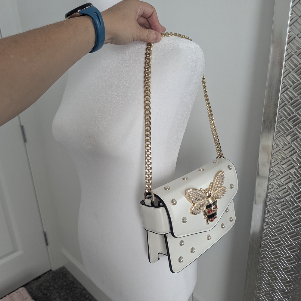 Elegant White Studded Bag with Gold Chain - Picture 6 of 16